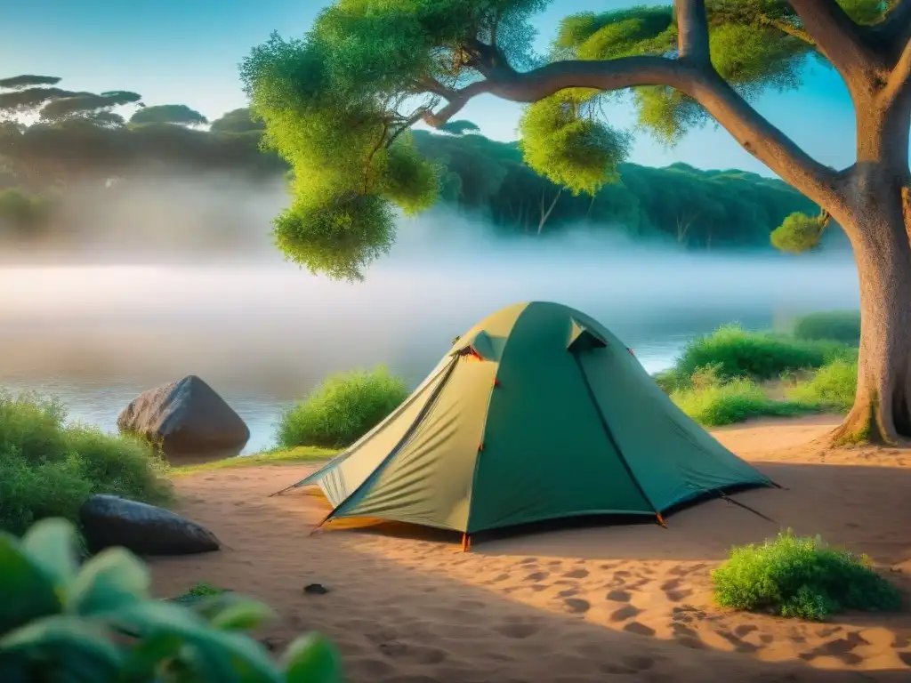 Campamento sereno junto al río en Uruguay Acampada tranquila entre vegetación exuberante y río sereno en Uruguay