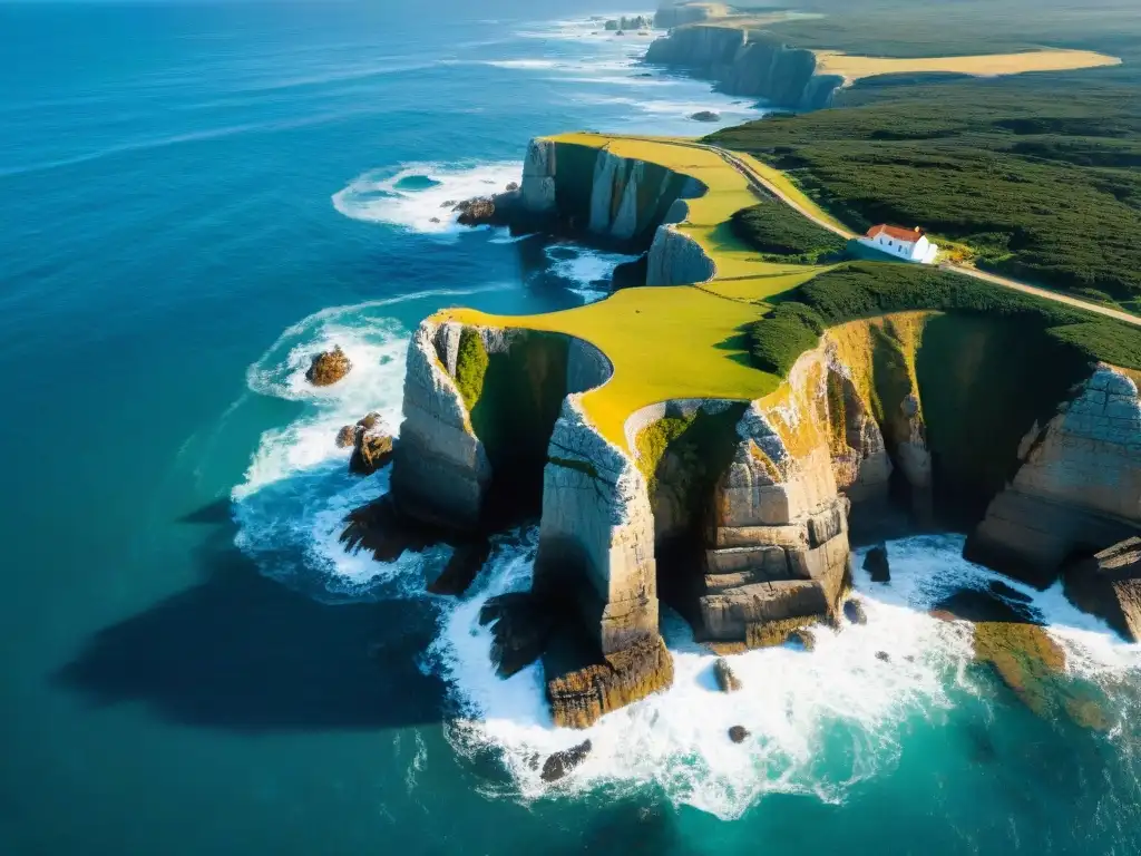 Costa salvaje de Uruguay: vista aérea impresionante con faro solitario Acantilados impresionantes en Uruguay proteger equipo drones condiciones extremas