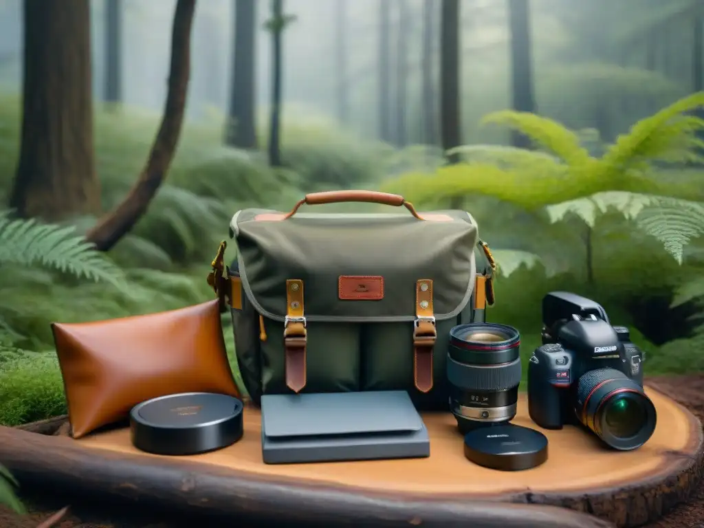 Equipo fotográfico en la naturaleza: esencia del fotógrafo aventurero Accesorios de fotografía campismo Uruguay en bosque verde con luz natural cálida y esencia aventurera