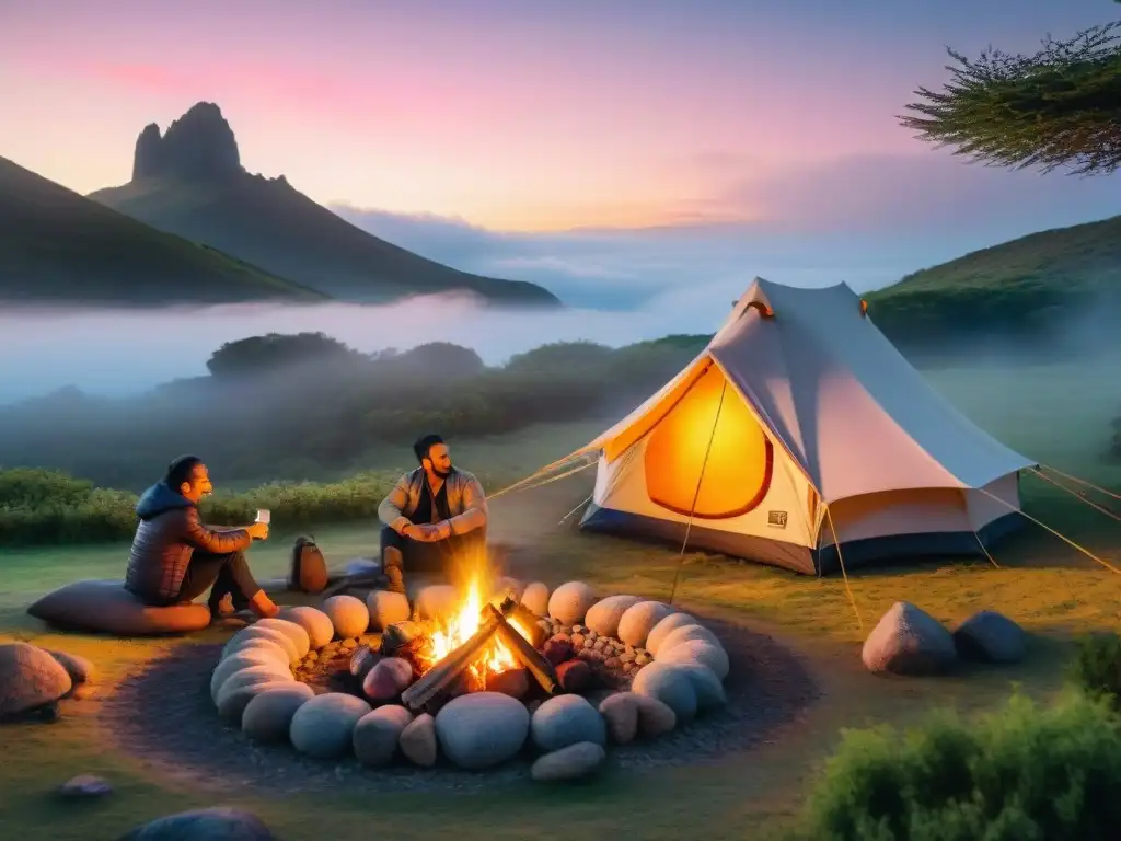 Campamento tranquilo al atardecer en Uruguay Acogedor campamento al atardecer en Uruguay, amigos riendo alrededor de fogata