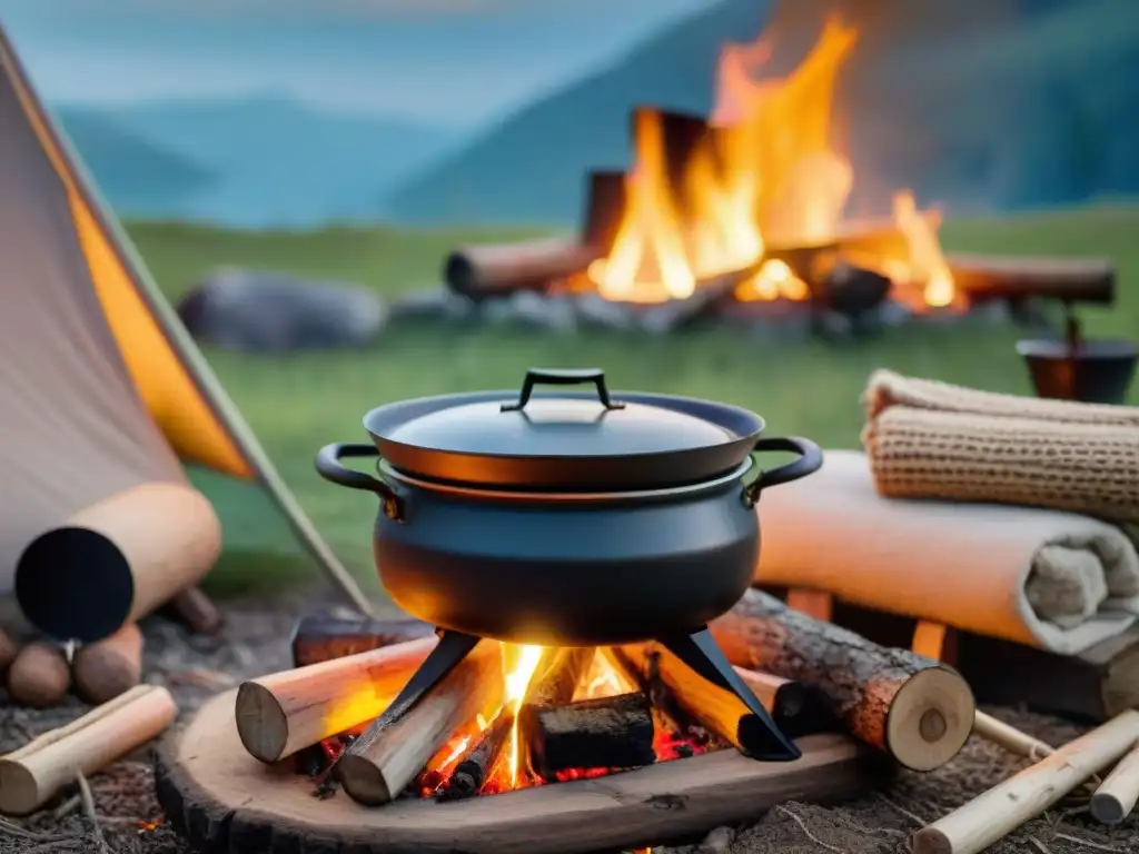 Un acogedor campamento al atardecer con una olla de hierro sobre fogata, iluminando un entorno de camping