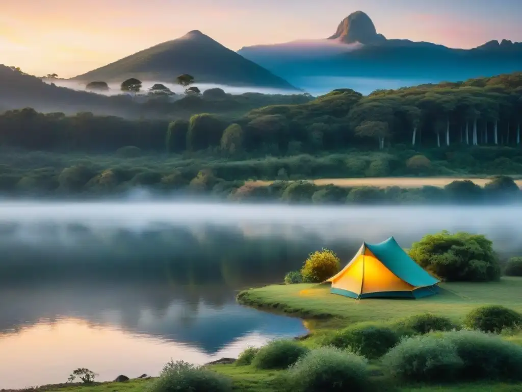 Campamento dorado en Uruguay: tienda colorida junto al lago al atardecer Acogedor campamento en Uruguay al atardecer con tienda colorida junto al lago