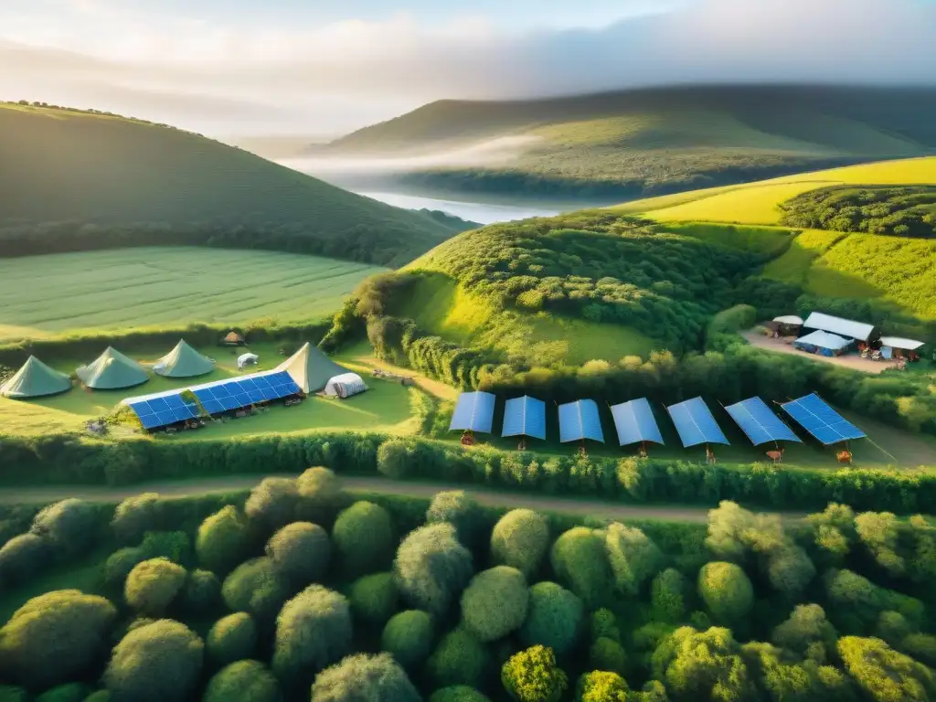 Eco-camping sostenible en Uruguay: armonía natural Acogedor campamento ecológico entre colinas de Uruguay con visitantes disfrutando de actividades sostenibles como senderismo y jardinería comunitaria