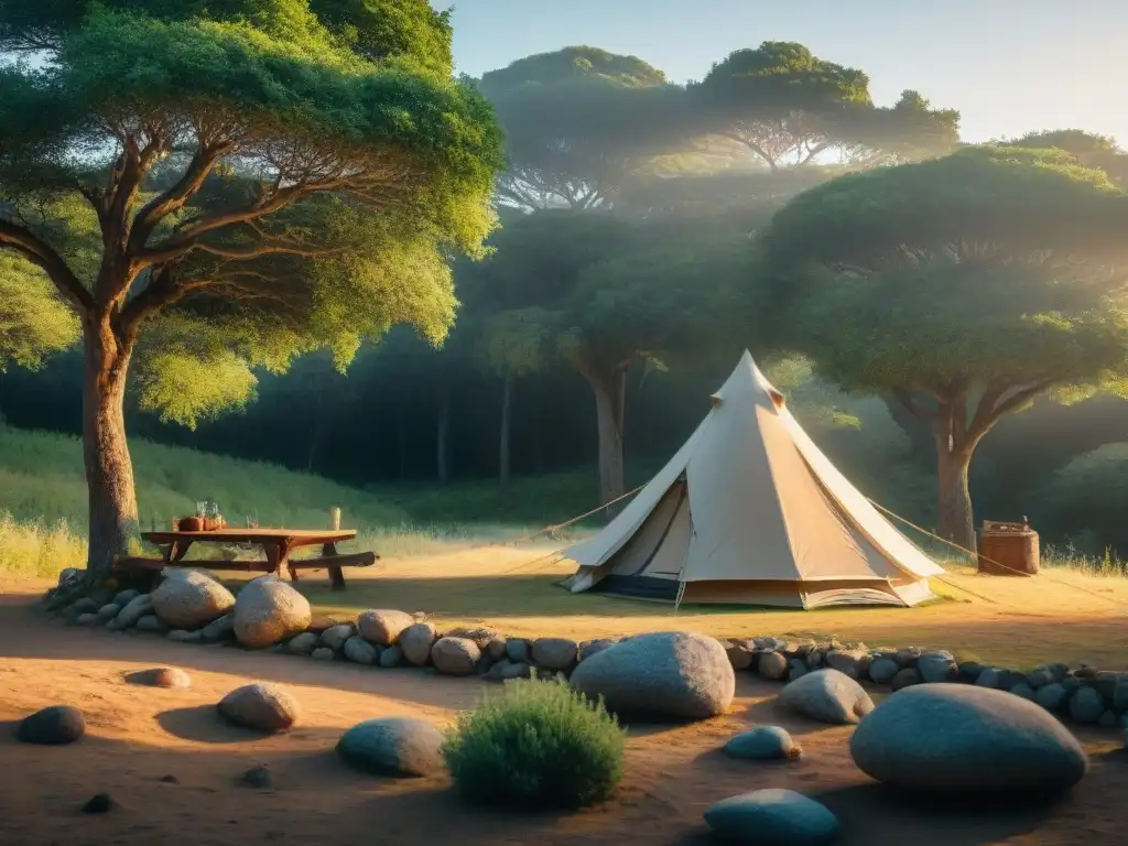 Campamento sereno en Uruguay: conexión con la naturaleza Acogedor campamento en Uruguay, reducción huella ambiental camping Uruguay, con tienda y fogata entre árboles nativos al atardecer