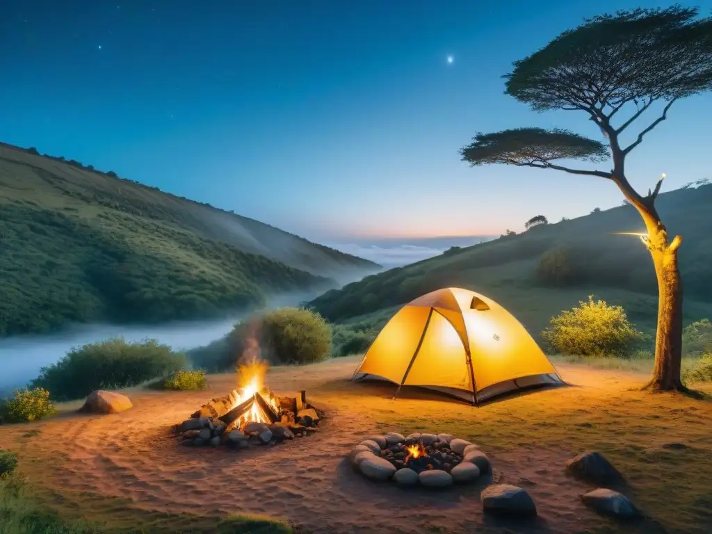 Campamento nocturno en las colinas de Uruguay Acogedor campamento iluminado en medio de la naturaleza en Uruguay