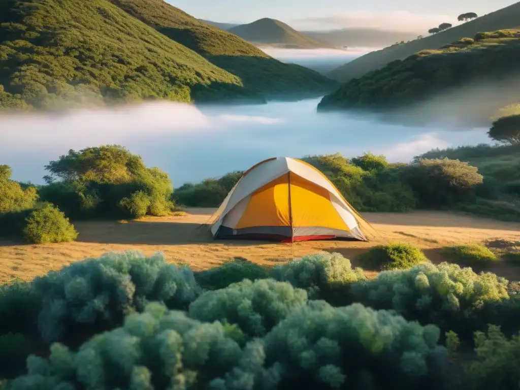Campamento sereno al atardecer en Uruguay: exploración segura Acogedor campamento iluminado al anochecer en Uruguay, rodeado de naturaleza y un río tranquilo