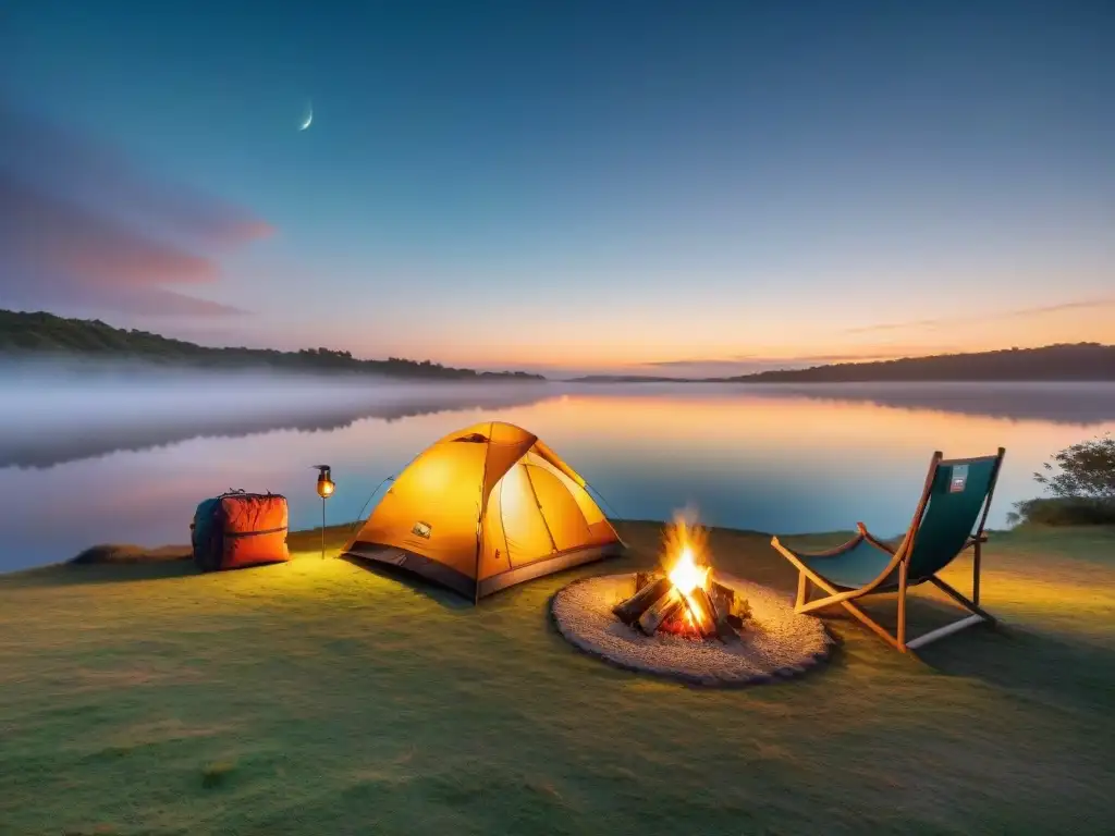 Campamento de lujo en Uruguay: exclusividad al atardecer Acogedor campamento de lujo en Uruguay al atardecer, con tienda iluminada y grupo elegante disfrutando de la exclusividad
