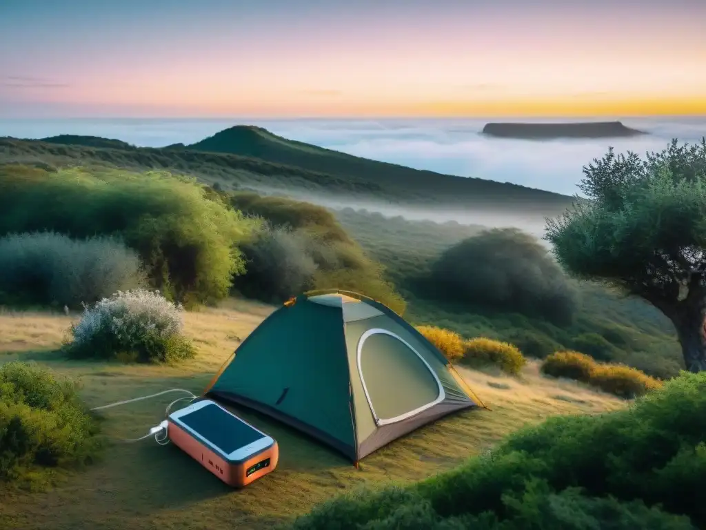 Campamento en Uruguay: Tienda iluminada bajo las estrellas Acogedor campamento en Uruguay al anochecer con mejores baterías portátiles para camping