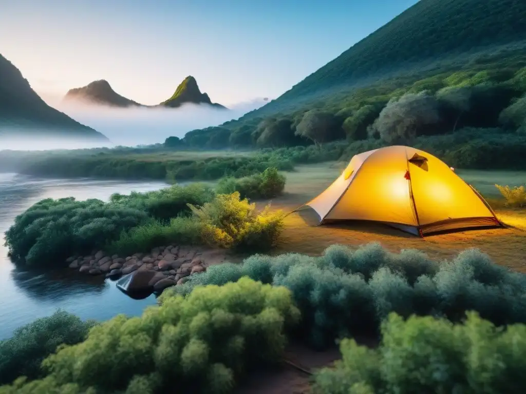 Camping sostenible en Uruguay: oasis de paz en la naturaleza Acogedor campamento en la naturaleza de Uruguay, con tienda entre vegetación y río sereno
