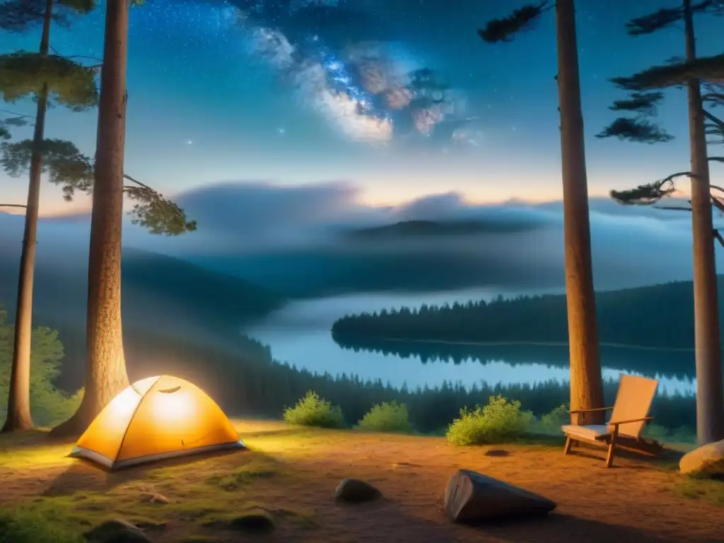 Campamento nocturno iluminado: serenidad bajo las estrellas Un acogedor campamento nocturno iluminado por una linterna LED ecológica, creando una atmósfera de serenidad bajo las estrellas