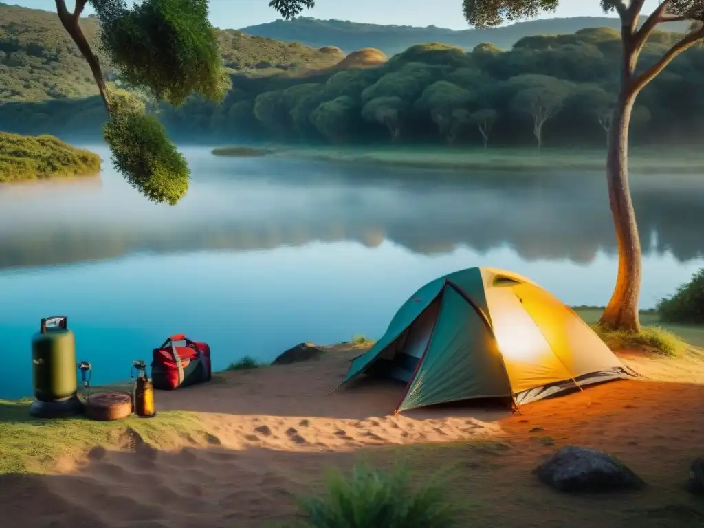 Campamento en Uruguay al amanecer: escena pintoresca y serena Acogedor campamento en Uruguay al amanecer con productos cuidado personal campistas Uruguay