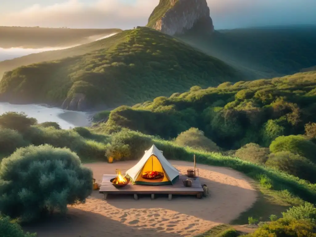 Campamento sereno en Uruguay con comida vegetariana colorida al atardecer Acogedor campamento en Uruguay con recetas vegetarianas, fogata y vegetación exuberante al atardecer