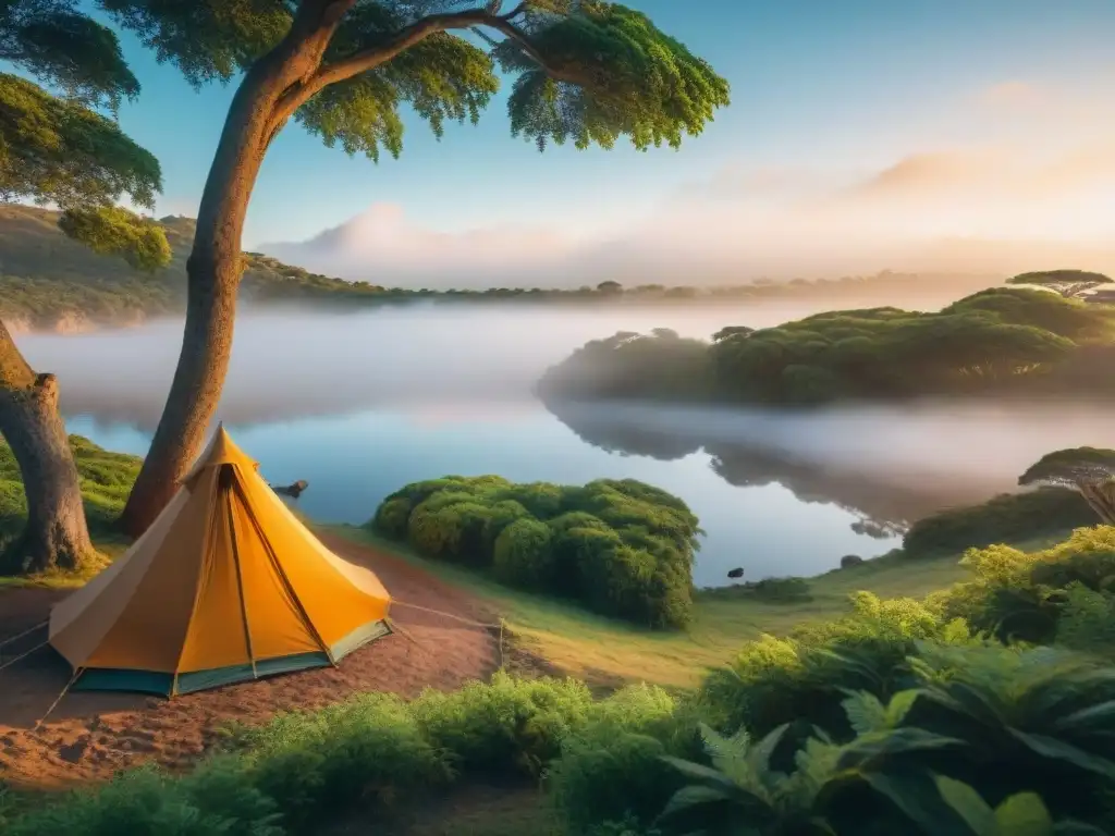 Campamento sereno en Uruguay: tienda acogedora y naturaleza exuberante Un acogedor campamento en Uruguay con una tienda de campaña, hamaca y lago al atardecer