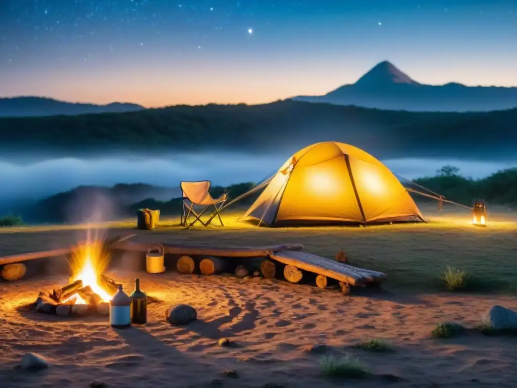 Campamento sereno en Uruguay al anochecer: relax y naturaleza Acogedor campamento en Uruguay al anochecer, con tienda iluminada, fogata y productos cuidado personal campistas Uruguay