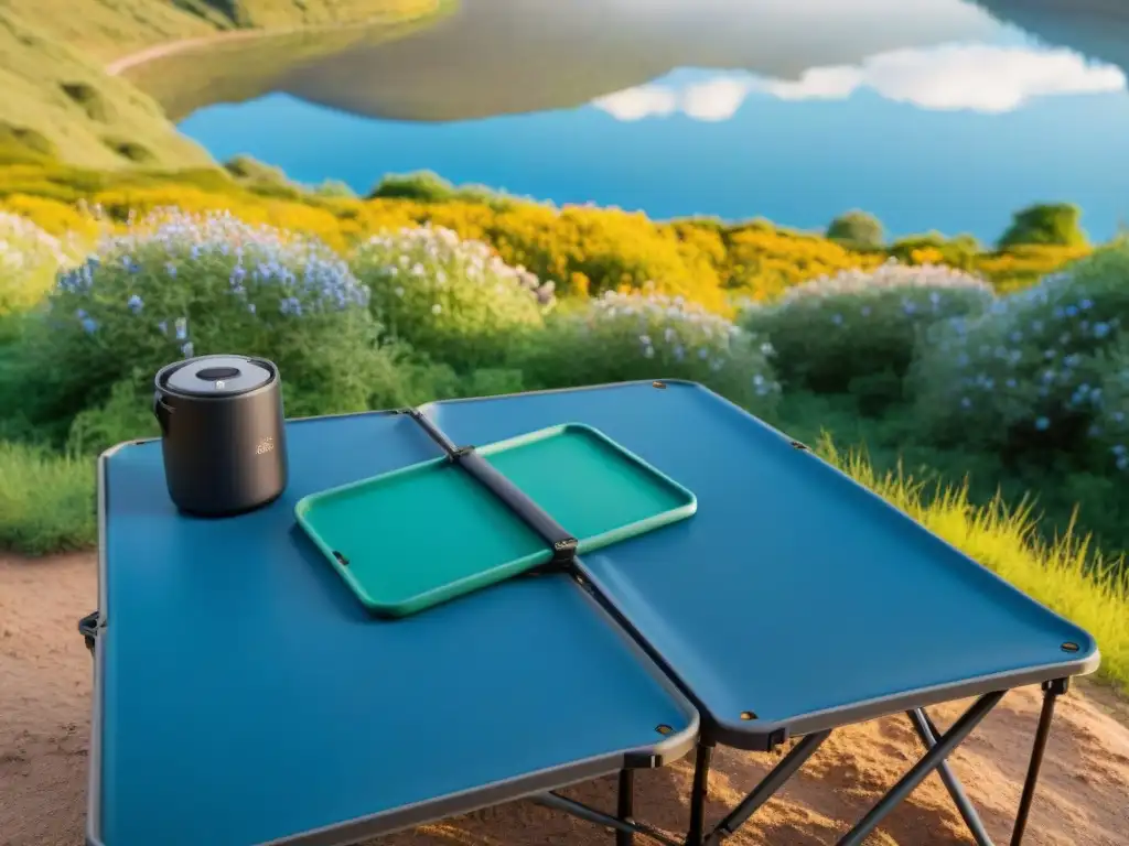 Mesa de camping portátil: detalle y belleza en la naturaleza uruguaya Un acogedor camping en Uruguay con una detallada mesa portátil, ideal para los amantes del camping
