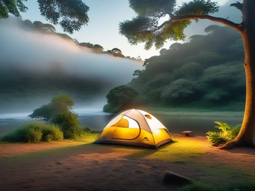 Campamento sereno en bosque uruguayo: paz y naturaleza Acogedor camping iluminado en un bosque uruguayo, ideal para aplicaciones móviles campistas Uruguay