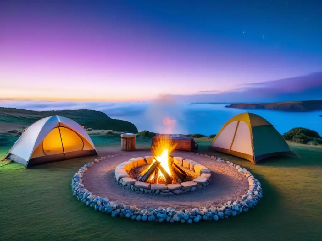 Acogedor camping privado en Uruguay: fogata al atardecer, campistas felices y cielo estrellado