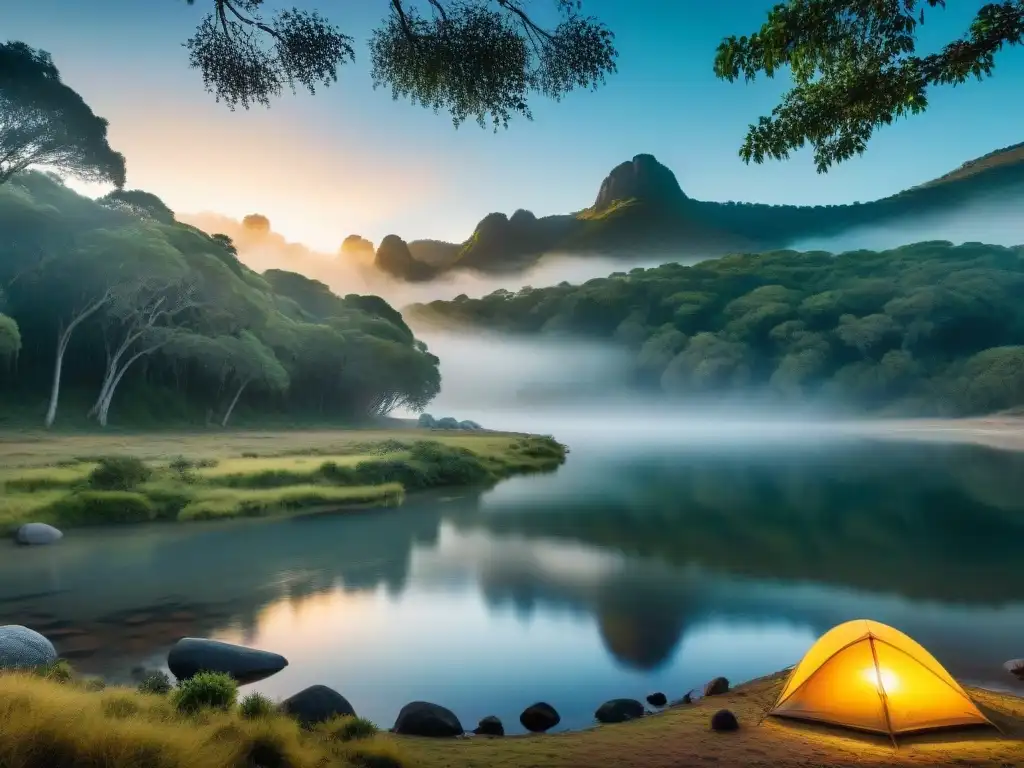 Camping junto al río: belleza serena en Uruguay Acogedor camping en Uruguay cerca de ríos, con un entorno natural sereno y un campamento perfectamente equipado