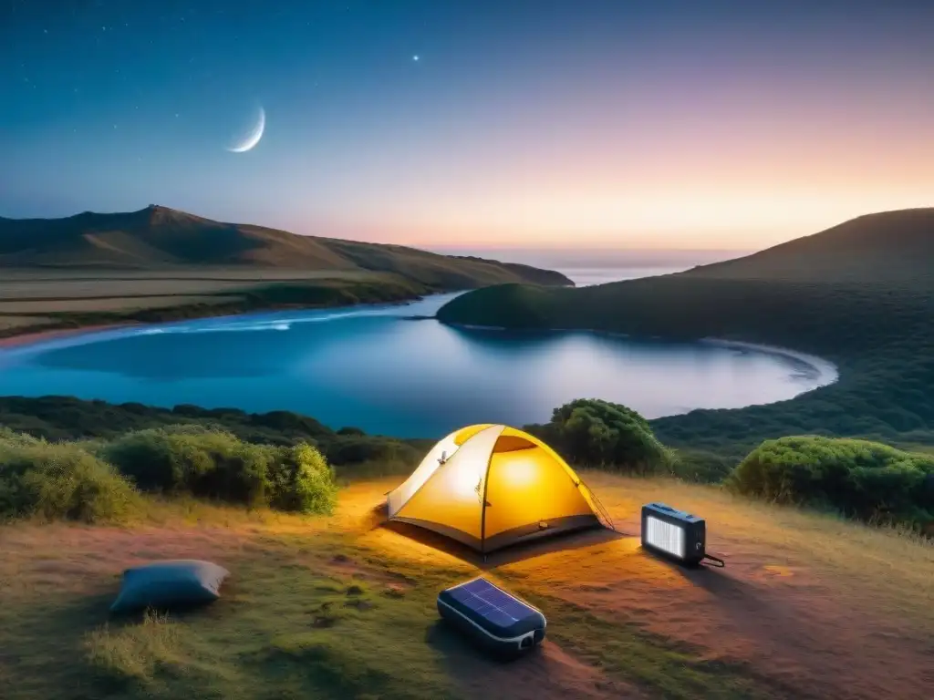 Camping futurista en Uruguay: tecnología y naturaleza Acogedor camping tecnológico en Uruguay bajo un cielo estrellado