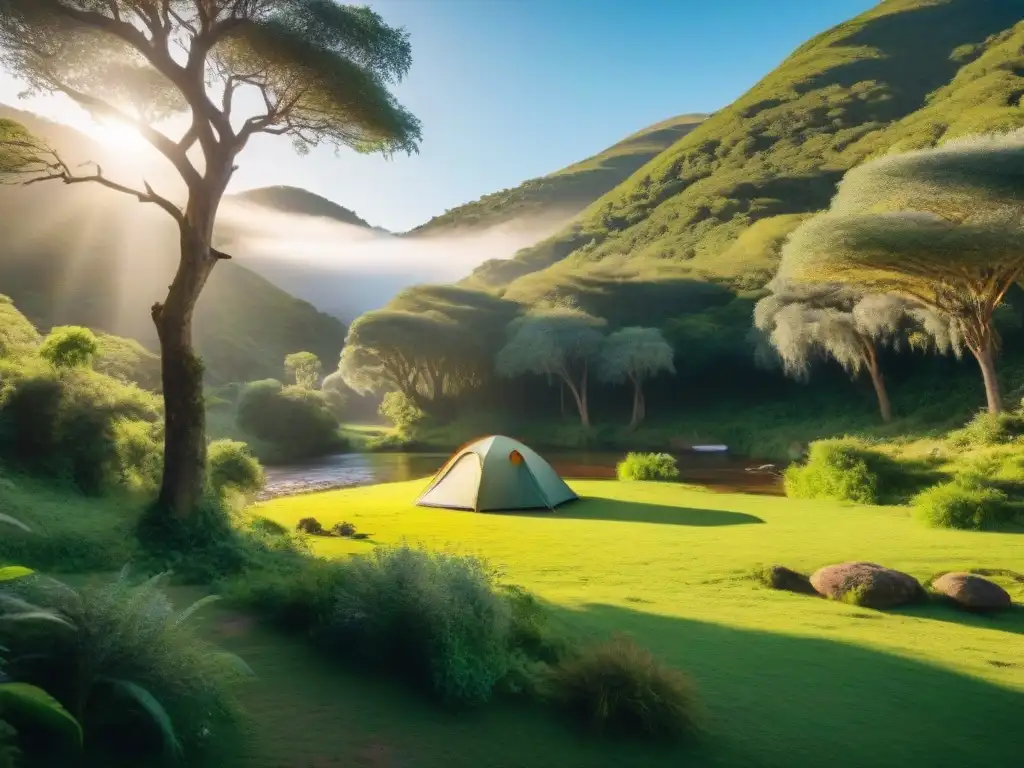 Campamento sereno en Valle del Hilo de la Vida Acogedor camping en Uruguay Valle Vida: tienda entre vegetación exuberante, arroyo y luz del sol filtrándose entre árboles