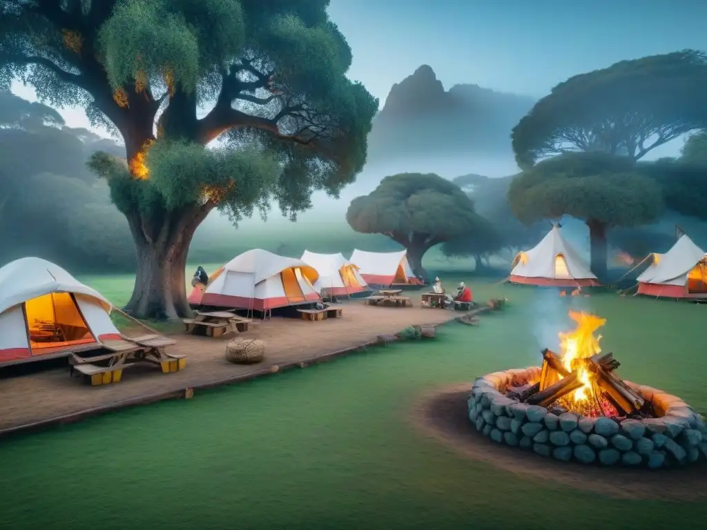 Club de camping uruguayo: camaradería y tradición en la naturaleza Acogedor club de camping uruguayo en el campo, con cabañas rústicas, mesas de madera y fogata entre campistas