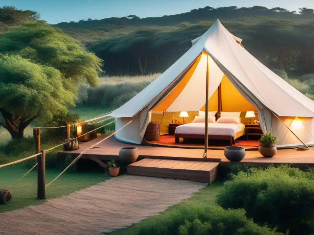 Tienda de glamping acogedora en Uruguay: lujo asequible en la naturaleza Un acogedor glamping económico en Uruguay, rodeado de vegetación exuberante y una cálida luz que invita a descubrir la belleza del campo