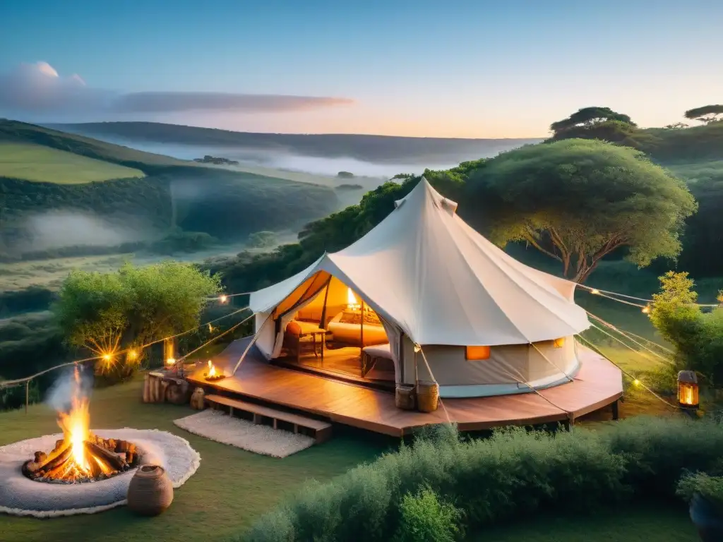 Escapada de lujo en Uruguay: Glamping sereno entre la naturaleza Acogedor glamping en Uruguay con vista al atardecer y fogata