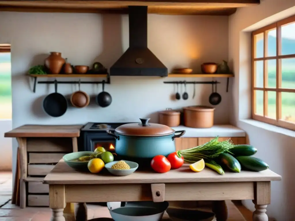 Cocina uruguaya tradicional: fogón, alimentos frescos y utensilios rústicos Acogedora cocina uruguaya en entorno rural con cocina a leña, alimentos frescos y utensilios tradicionales