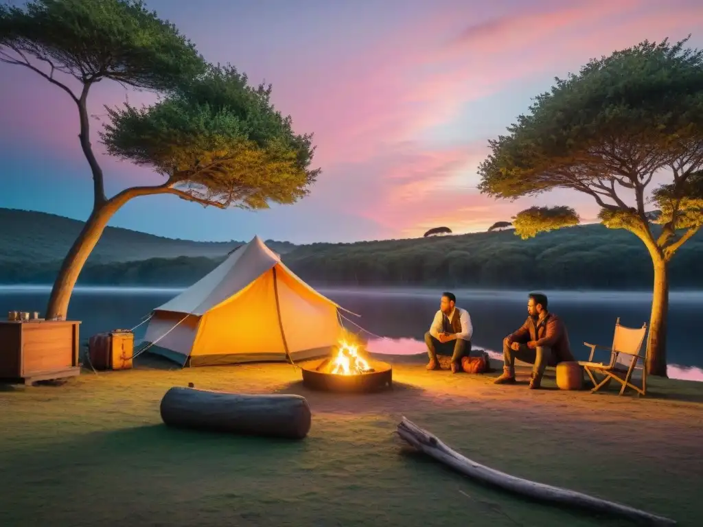 Campamento familiar al atardecer en Uruguay: paz y conexión Acogedora escena familiar de camping en Uruguay al anochecer, con tienda iluminada y fogata