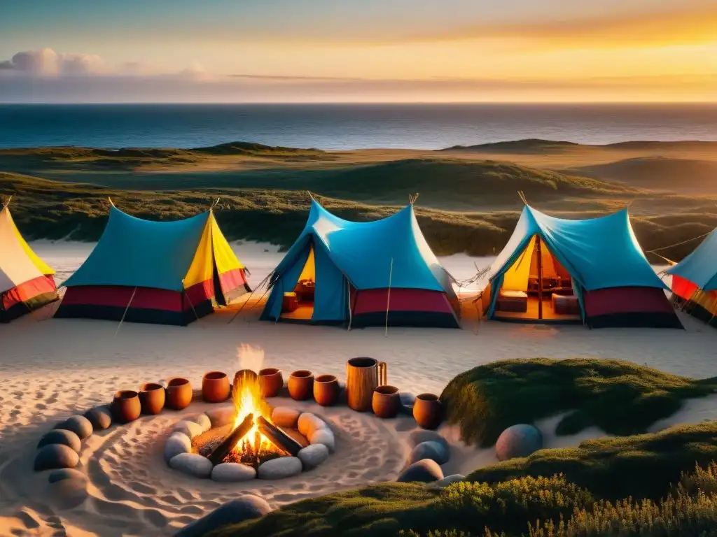 Atardecer vibrante en Cabo Polonio: camping, mates y música folk Acogedora escena en la playa de Cabo Polonio al atardecer, con campistas disfrutando de un bonfire y música folklórica uruguaya