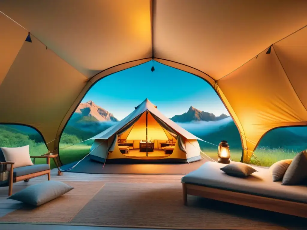 Tienda de camping de lujo en paisaje natural Acogedora tienda de campaña de alta gama en entorno natural premium, rodeada de lujosos accesorios de camping