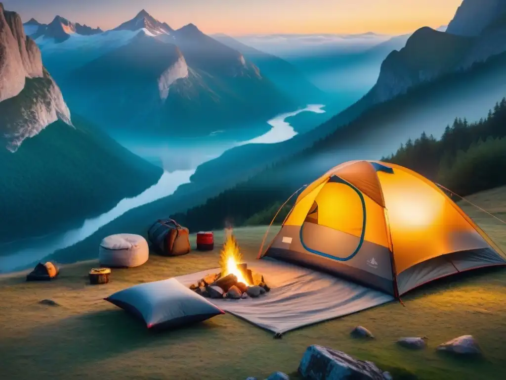 Tienda de lujo en la montaña al atardecer: aventura y confort premium Acogedora tienda de campaña de alta gama iluminada en la majestuosidad de las montañas al atardecer