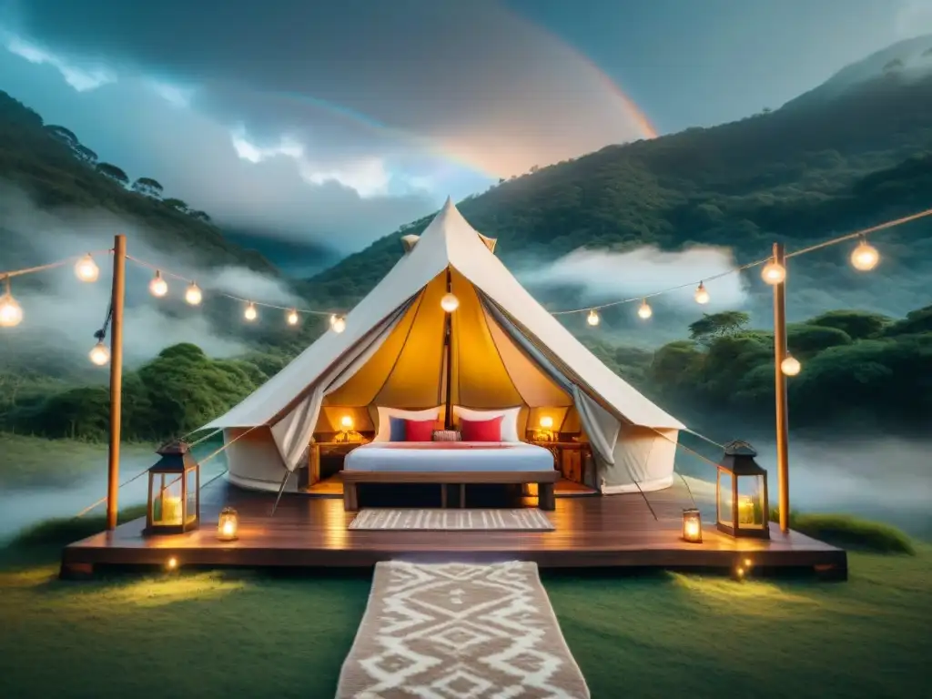 Acogedora tienda de glamping en el bosque lluvioso Acogedora tienda de glamping con accesorios decorativos en un bosque lluvioso