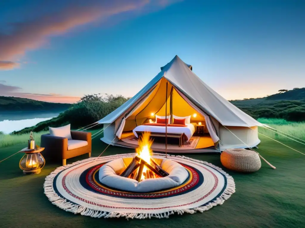 Glamping de lujo en Uruguay: tienda bohemia entre naturaleza exuberante Acogedora tienda de glamping con accesorios decorativos en la campiña de Uruguay