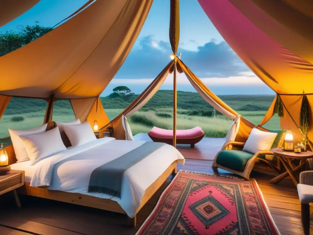 Glamping de lujo al atardecer en Uruguay Acogedora tienda de glamping en Uruguay al atardecer