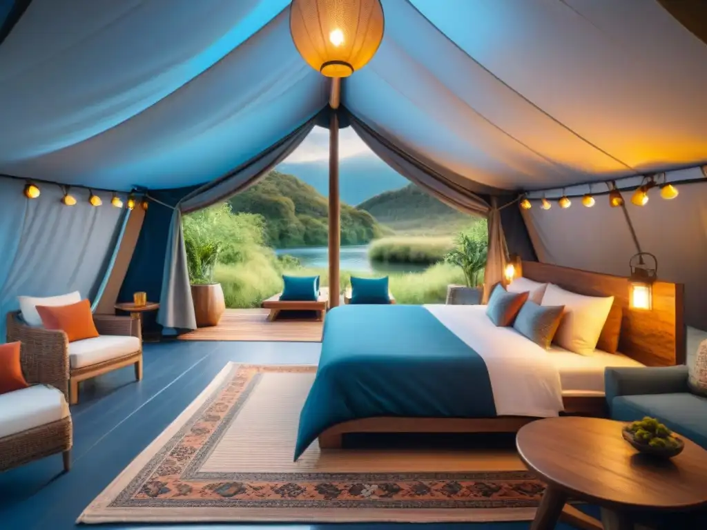 Glamping de lujo en entorno natural exuberante Acogedora tienda de glamping con accesorios decoración campamento glamping en entorno natural