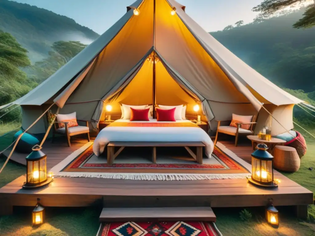 Glamping de lujo en el bosque: un refugio elegante en la naturaleza Acogedora tienda glamping en bosque con accesorios decoración campamento glamping