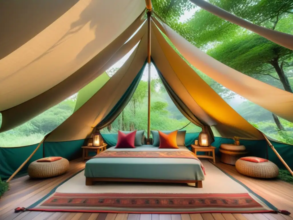 Glamping de lujo en bosque exuberante: decoración bohemia y armonía natural Acogedora tienda glamping en bosque con Accesorios decoración campamento glamping