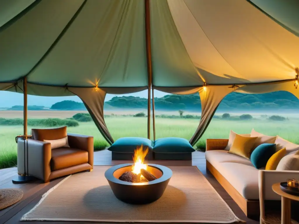 Tienda de lujo en la naturaleza: glamping en Uruguay Acogedora tienda de glamping en el campo de Uruguay, rodeada de exuberante vegetación bajo un cielo azul