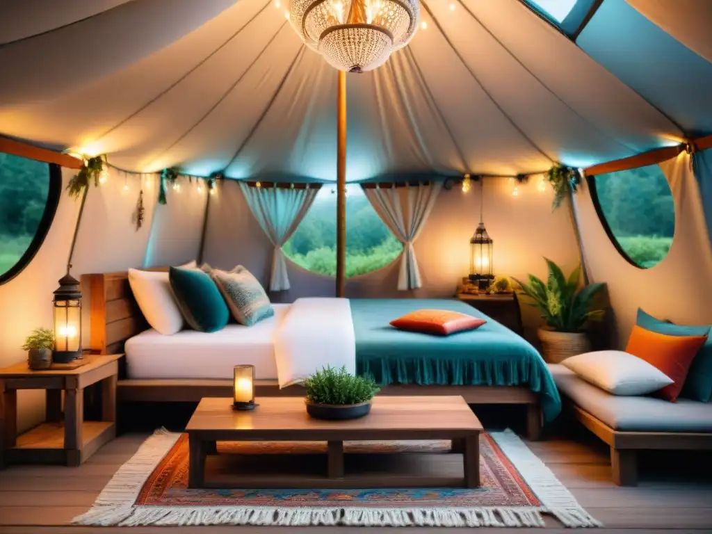 Acogedora tienda de glamping en medio de la naturaleza Acogedora tienda de glamping decorada con accesorios de campamento glamping en medio de exuberante vegetación iluminada por luces tenues