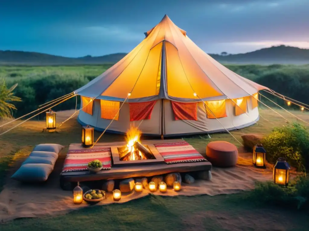Glamping de lujo en Uruguay: Sofisticada experiencia campestre Acogedora tienda de glamping en Uruguay con decoración elegante y ambiente tranquilo para disfrutar de platos típicos camping Uruguay