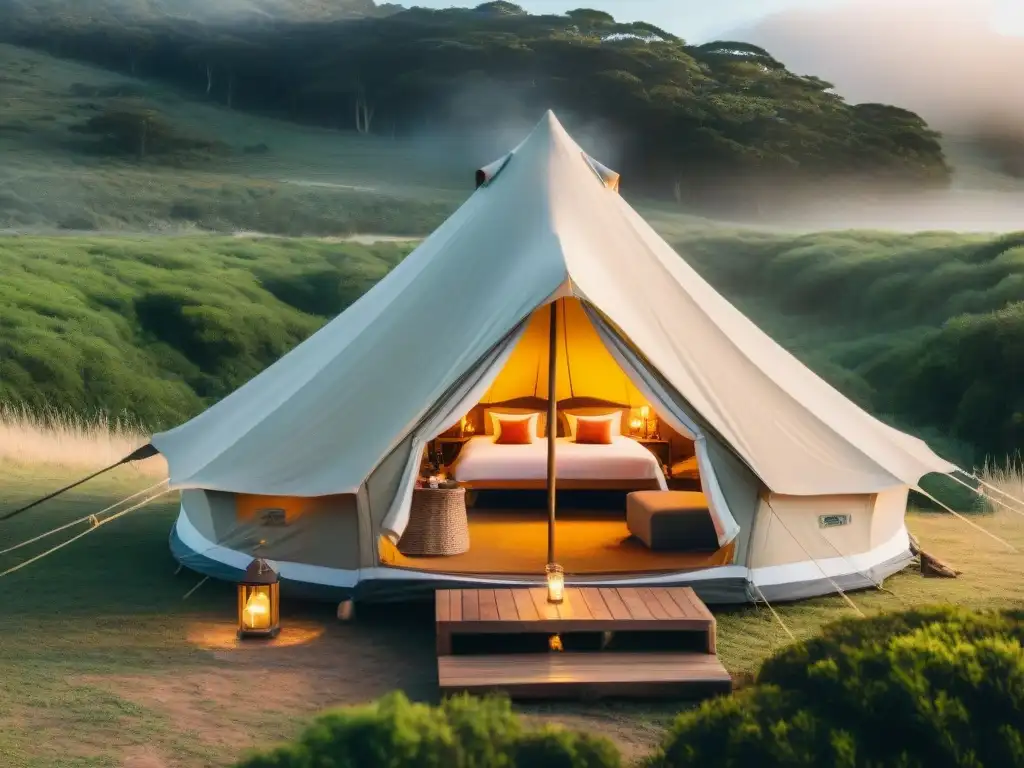 Glamping de lujo en Uruguay: pareja disfruta de la naturaleza Acogedora tienda de glamping en Uruguay, pareja disfrutando la naturaleza