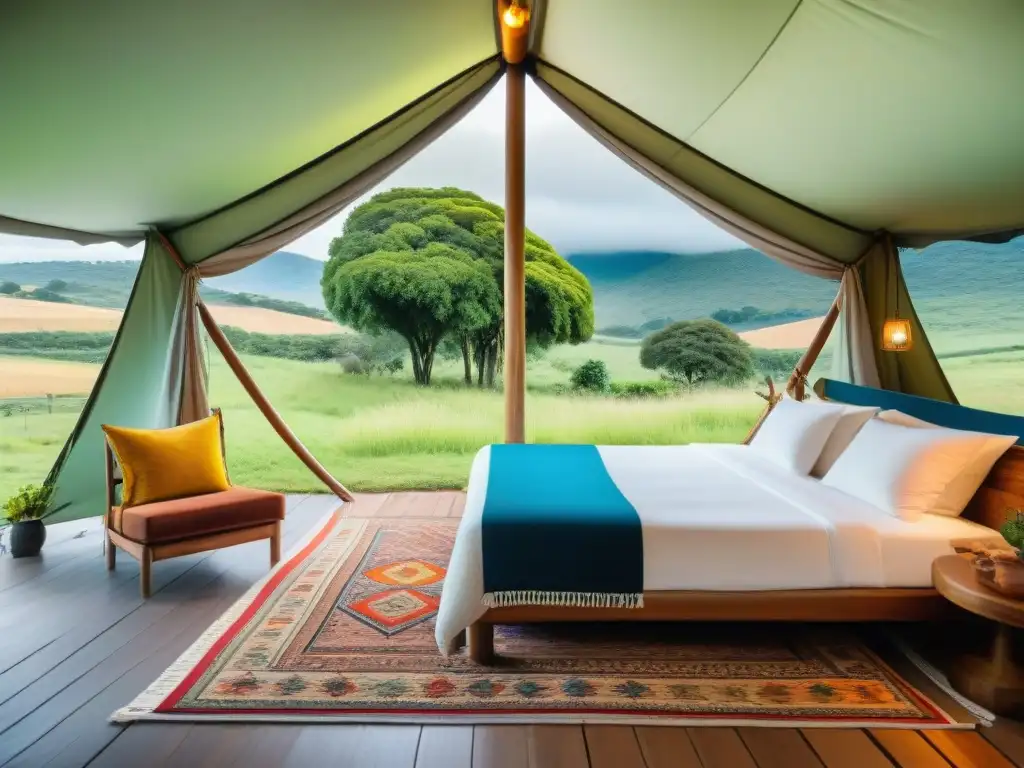 Tentación bohemia en Uruguay: escapada romántica glamping Acogedora tienda de glamping para parejas en Uruguay con cama queen, iluminación suave y vista romántica a las colinas