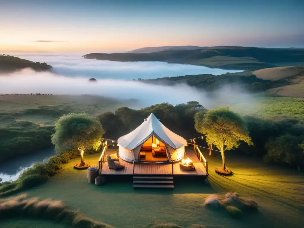 Glamping de lujo al atardecer en Uruguay Acogedora tienda de glamping en Uruguay, reservas anticipadas