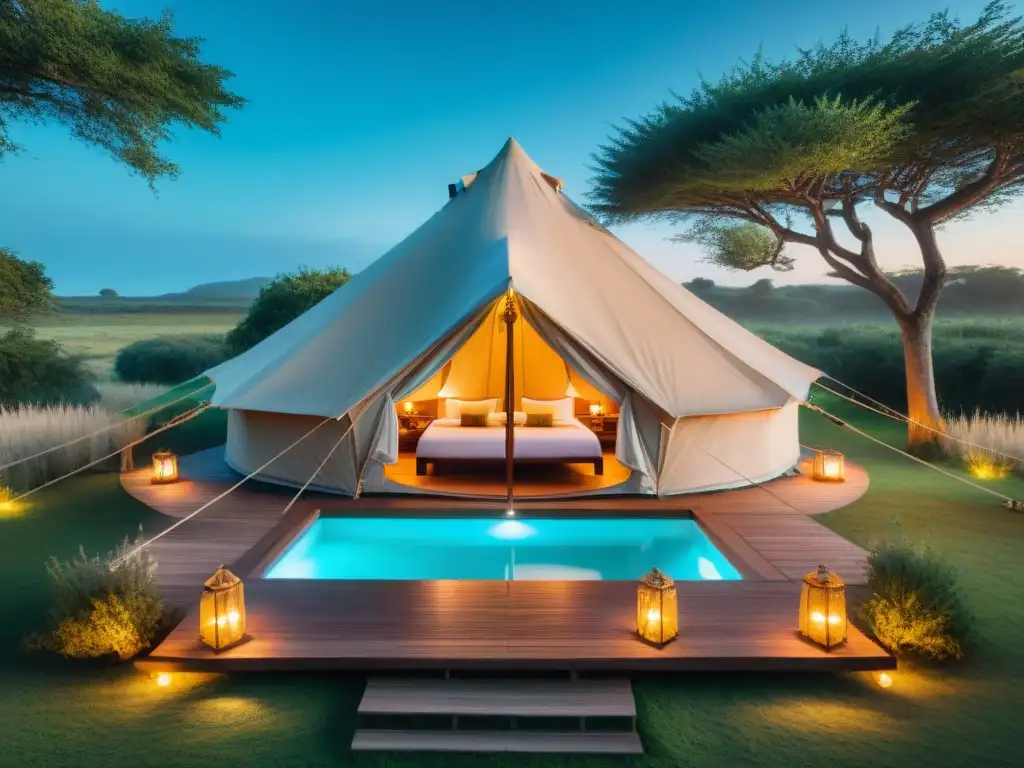 Glamping de lujo en Uruguay: experiencia única entre naturaleza Acogedora tienda de glamping en Uruguay rodeada de naturaleza exuberante y lujo, con letrero 'Glamping en Uruguay'