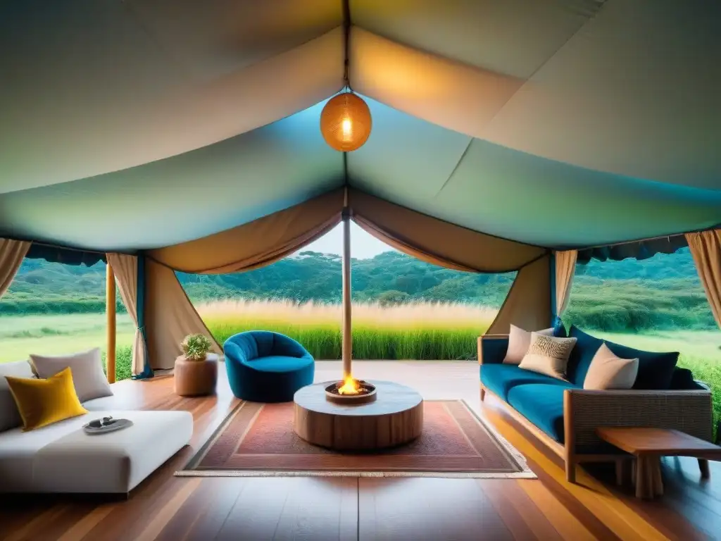 Glamping de lujo en Uruguay: tienda elegante entre la naturaleza exuberante Acogedora tienda de glamping en Uruguay rodeada de naturaleza exuberante