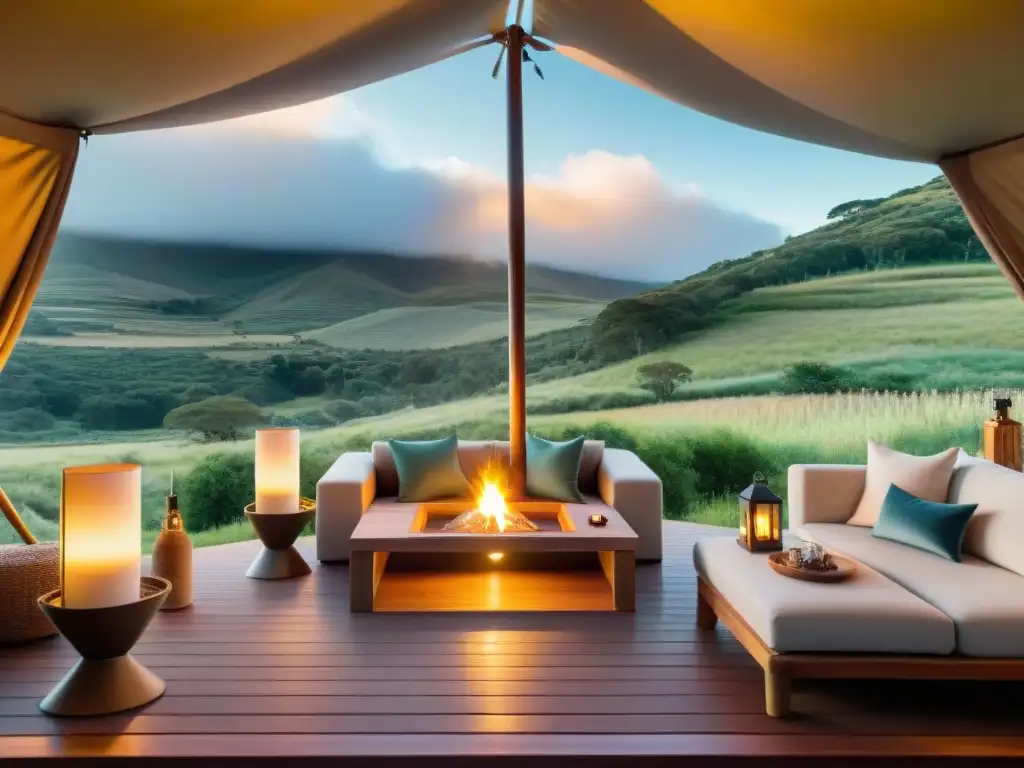 Glamping de lujo en Uruguay: tienda elegante en colinas verdes Acogedora tienda de glamping en Uruguay, rodeada de exuberantes colinas verdes al atardecer