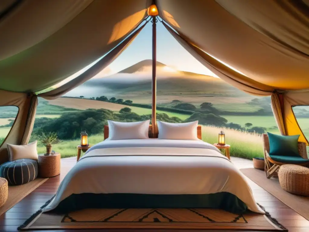 Glamping de lujo en Uruguay: tienda elegante entre colinas Acogedora tienda de glamping en Uruguay, rodeada de naturaleza exuberante y colinas, con una decoración elegante
