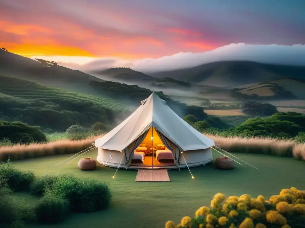 Glamping de lujo en Uruguay: tienda elegante entre la naturaleza Acogedora tienda de glamping en Uruguay, rodeada de exuberante naturaleza bajo un cielo de atardecer