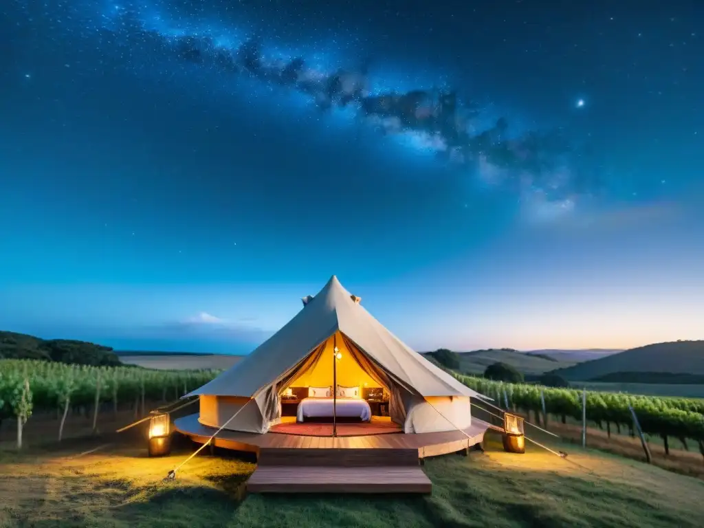 Glamping de lujo entre viñedos bajo un cielo estrellado en Uruguay Acogedora tienda de glamping entre viñedos bajo un cielo estrellado en Uruguay